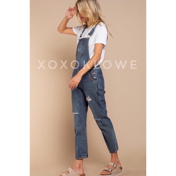 POL Retro 90’s Denim Overalls Grunge Distressed Dark Wash - Picture 7 of 12